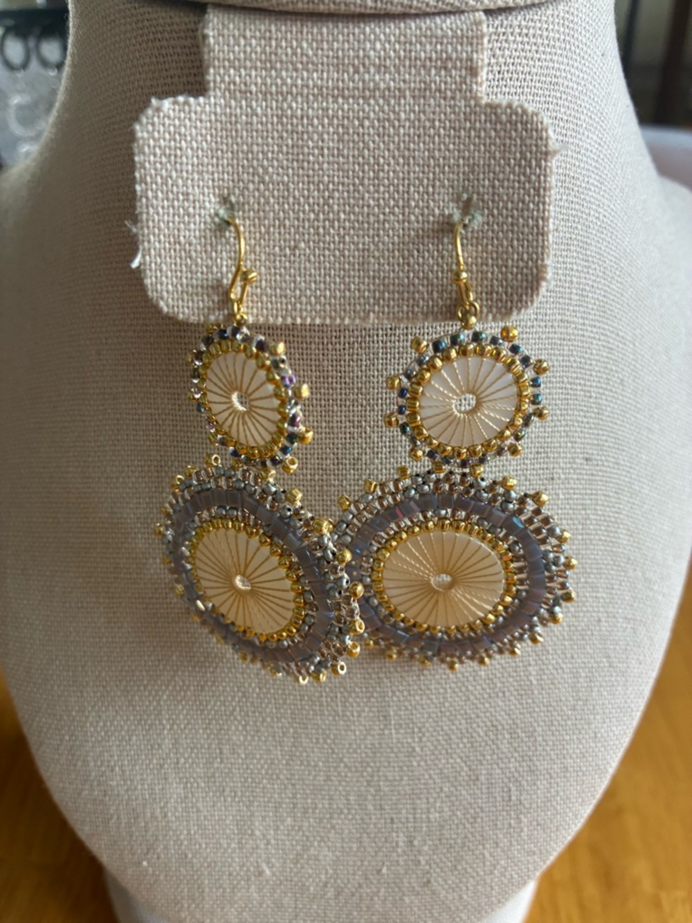 Gold and Cream Double-Drop Beaded Sunburst Earrings